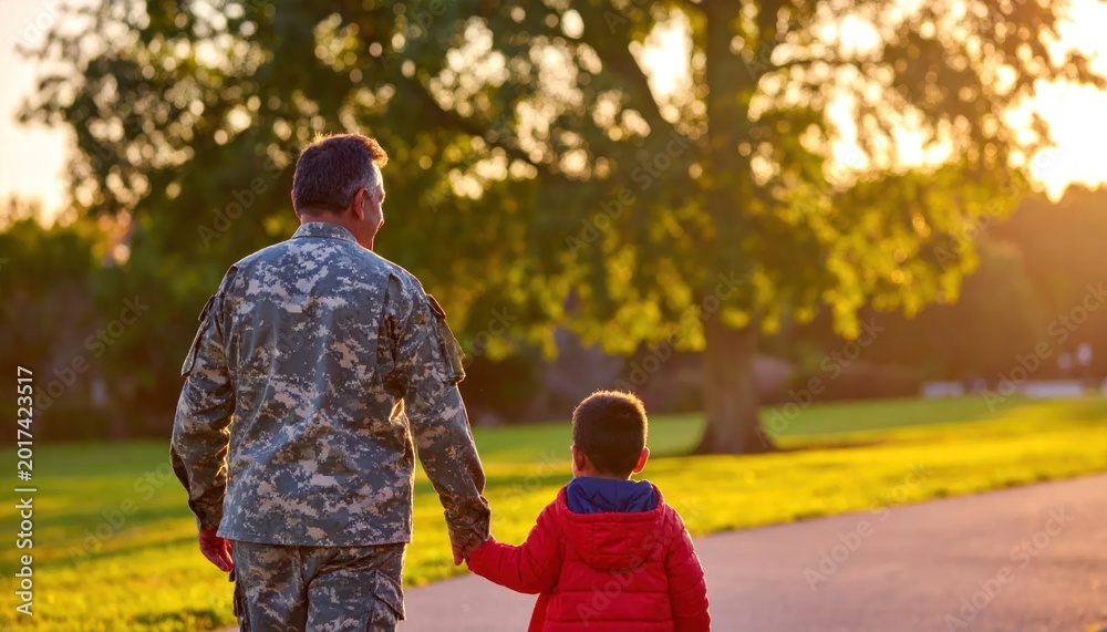 Obraz premium Soldier Father and Son Walking Together in Park at Sunset.