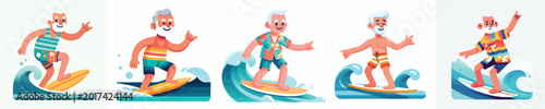 vector of a grandpa surfing on a summer beach