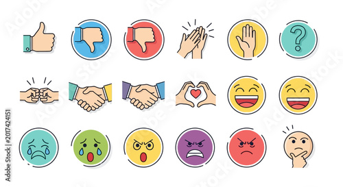 Collection of social media icons and emojis representing emotions and actions.
