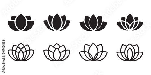 Photos Set of eight lotus flower icons in black and white isolated on transparent background