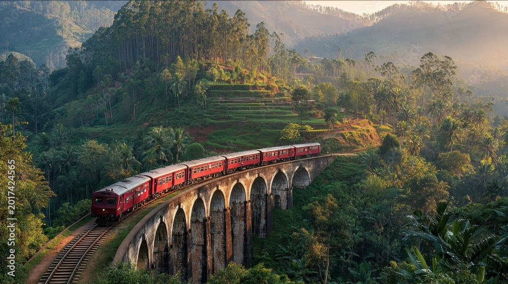 Fototapeta premium Iconic Sri Lanka Train Crossing Lush Green Nine Arch Bridge at Sunrise.