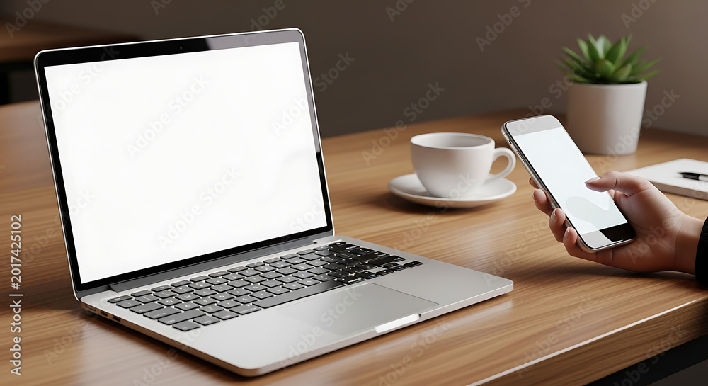 Fototapeta premium Laptop and smartphone on a wooden desk with coffee cup