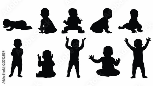 Silhouette of baby poses and movements.
