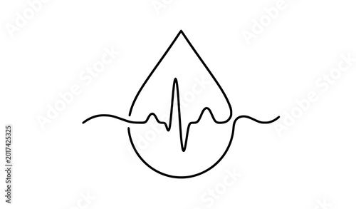 Blood drop and heartbeat continuous one line medical vector illustration
