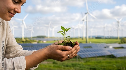 Women Gently holding a small green sprout in his hands represents a concept of new growth, ecology protection, and life in the soil