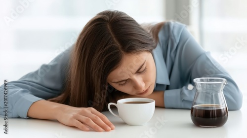 Tired young woman in blue shirt resting head on white table with cup of coffee and glass pot, feeling exhausted and sleepy indoors, need caffeine boost