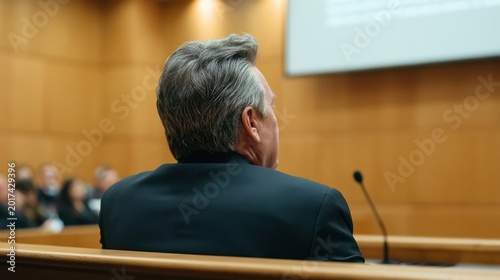 Rear view of middle aged male witness testifying in courtroom during legal proceeding with blurred jury and wooden panel in background