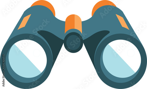 Professional vector illustration of binoculars with orange accents for outdoor exploration, travel and nature observation
