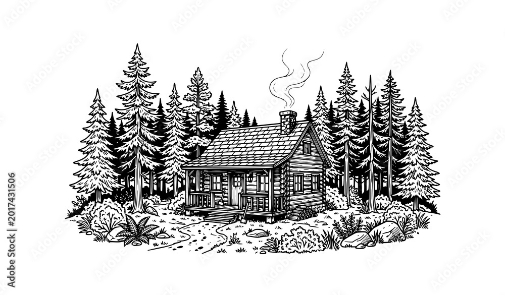 Fototapeta premium Black and white cozy log cabin vector illustration surrounded by pine forest with chimney smoke