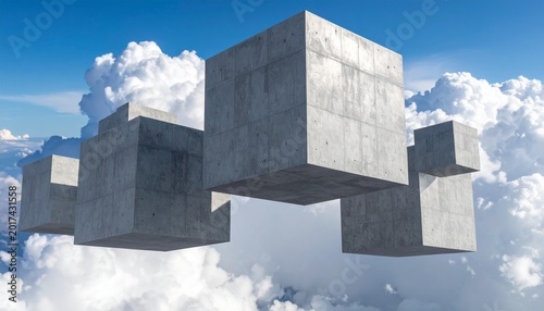 Surreal Hovering Cement Cubes Dramatic Light