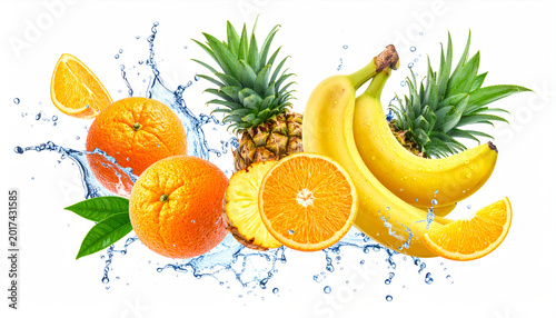 Vibrant tropical fruits oranges bananas pineapples in water splash