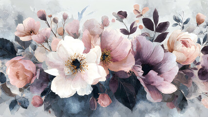 Artistic watercolor floral border with romantic pastel pink and white peony blossoms on white background.