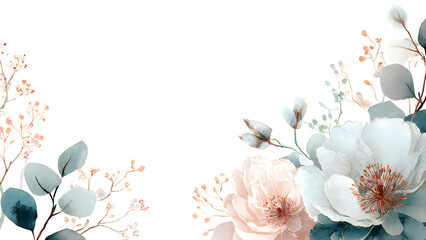 Delicate watercolor floral corner border with soft pink peonies and eucalyptus leaves on white background.
