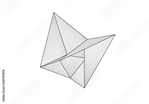 A geometric wireframe illustration of a complex three-dimensional polyhedral structure with intersecting planes