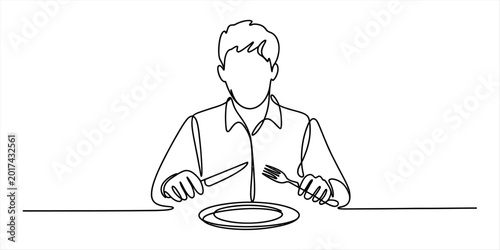 Fotografija Continuous line drawing of a man sitting at a table with a plate holding a knife