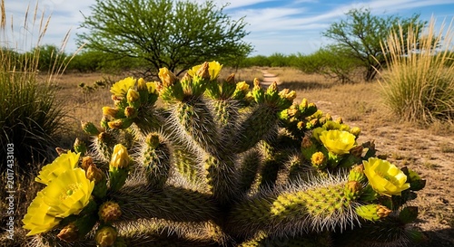 Desert cactus with vibrant yellow flowers under a sunny blue sky
