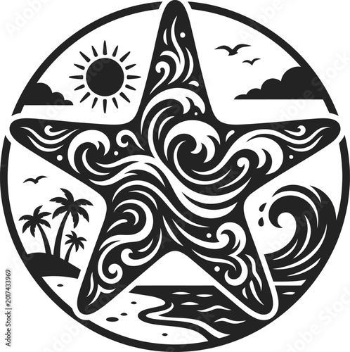 Quadro su tela Starfish with tropical landscape inside palm trees marine life black and whit
