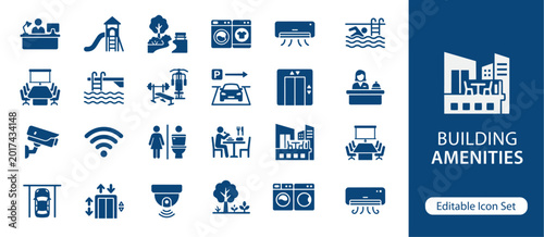 Foto Building Amenities Solid Icon Set, Property Facilities and Comfort Services, Res