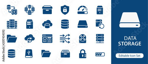 Foto Data Storage Solid Icon Set, Cloud Database Server and File Management System, S