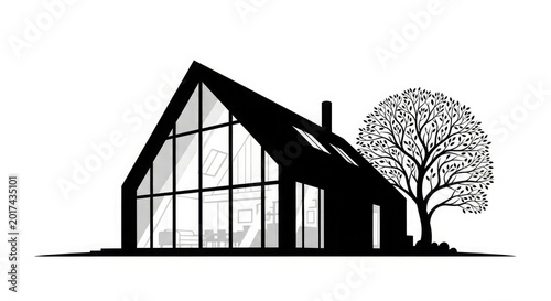 A modern house with large windows and a tree stands in a serene landscape.