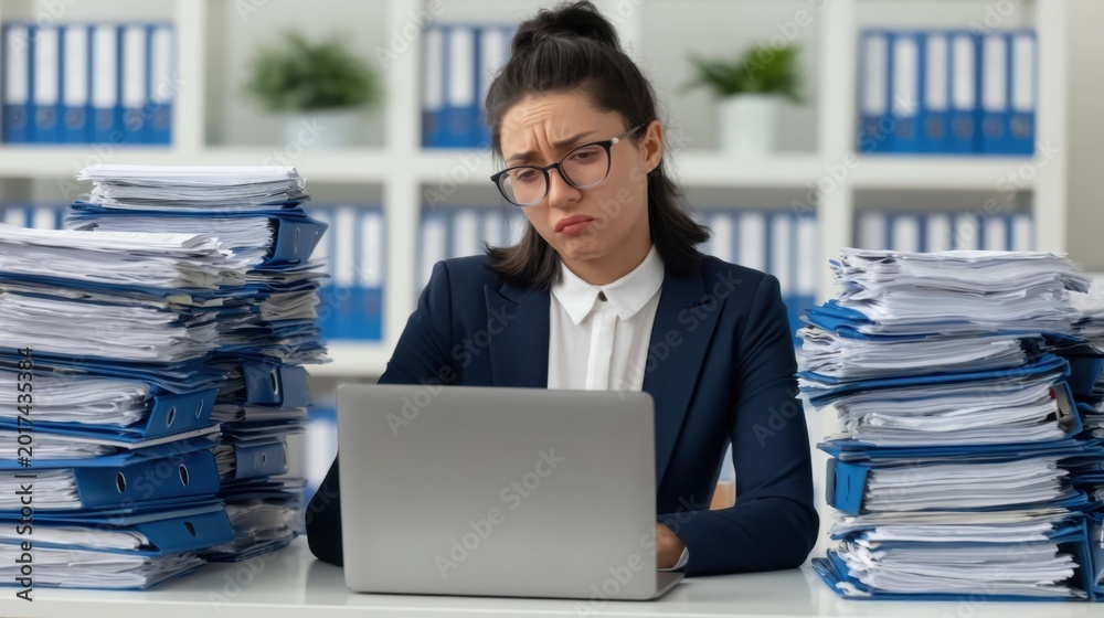 Fototapeta premium Stressed young businesswoman working on laptop overwhelmed with huge stack of paperwork in modern office environment showing frustration and fatigue