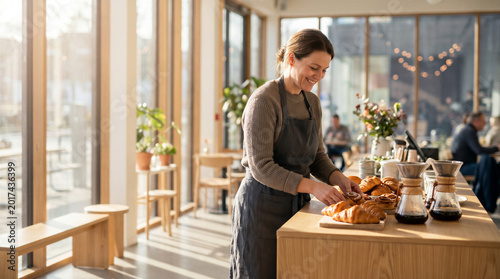 Barista smiling while preparing pastries in a bright coffee shop with natural light
