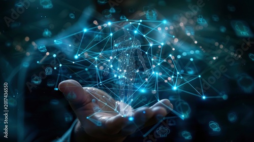 Hand holding a glowing human digital silhouette with connected network nodes, abstract representation of medical technology and data analytics.