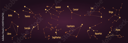 Foto Set of golden constellation star maps on purple background