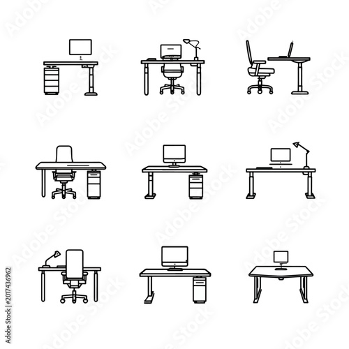 Office desks with computers and chairs.