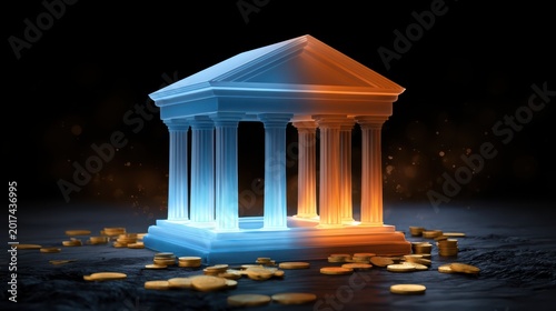 A glowing classical bank building with columns stands surrounded by scattered gold coins on a dark surface.