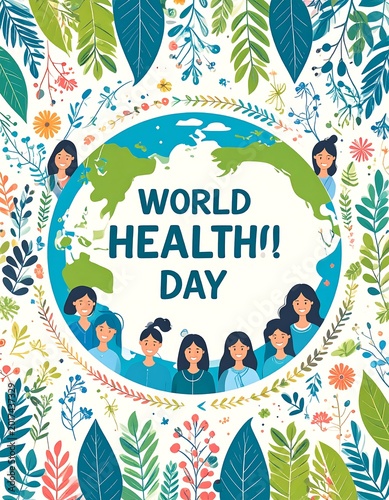 A stylized poster celebrating World Health Day.  A globe is centered with diverse women's faces surrounding it.  The background is filled with colorful flowers and leaves