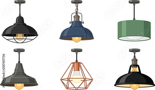 Industrial Pendant Lights Vector - Vintage Hanging Lamp Kitchen Lighting Clipart