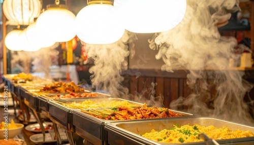 A variety of steaming hot dishes on a buffet line, illuminated by warm lights in a cozy restaurant atmosphere.