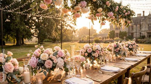 Wedding reception decorated with pastel flowers in a romantic garden setting at sunset