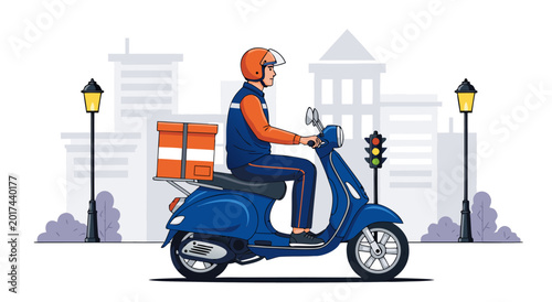 Bild auf Leinwand A vector illustration of a delivery rider on a scooter in an urban setting with a cityscape
