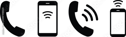 Phone handset and ringing smartphone icons in vector silhouette on white background