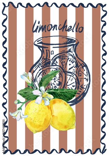 Mediterranean Limoncello poster with watercolor lemons and vintage liquor jug sketch. Summer Italian drink illustration on brown striped background with blue wavy border.