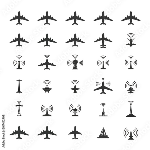 Airplane and communication tower icons.