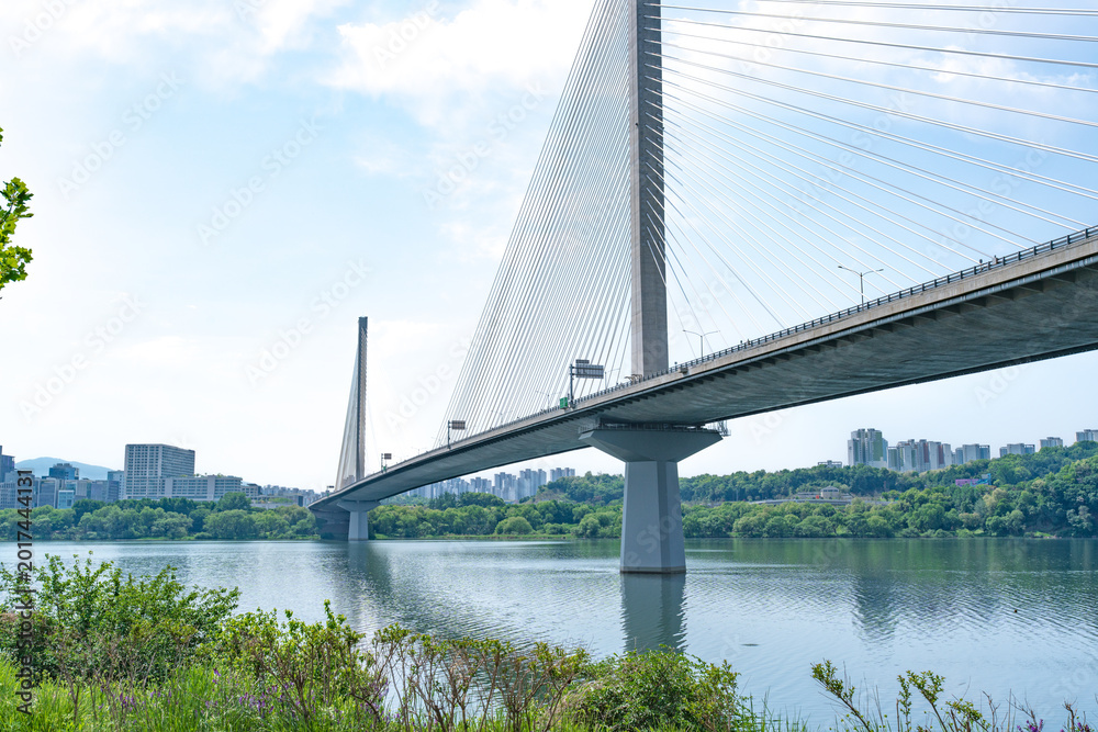 Fototapeta premium Guri-Topyeong Bridge and a peaceful riverside walking path along the Han River in Guri, South Korea