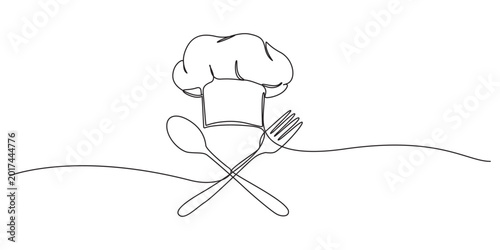 Continuous one line drawing of a chef hat. Vector illustration of a cook's uniform toque isolated on white background. Minimalist chef hat one line art with flowing ribbon