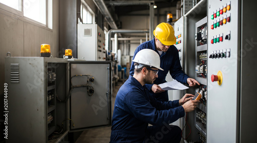 Two electricians in blue overalls and hard hats troubleshooting electrical control panel with status lights and emergency stop button