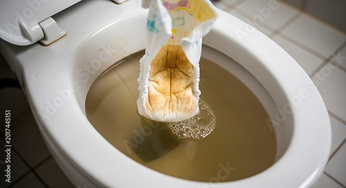 Diaper placed in toilet bowl with dirty water conceptual image