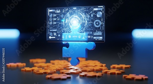 Digital puzzle concept with glowing screen and scattered pieces