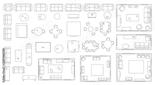 Collection of top down furniture and room layout sketches.