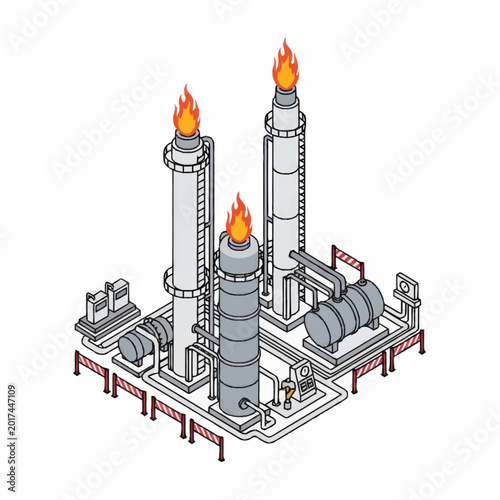Foto Industrial oil refinery with tall flare stacks burning gas.