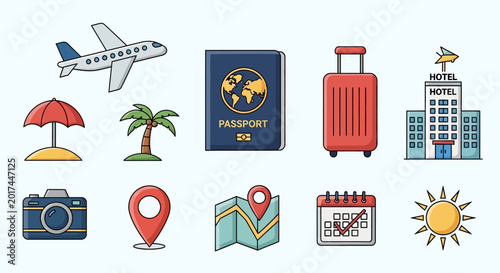 Collection of Travel Icons and Symbols for Vacation Planning.