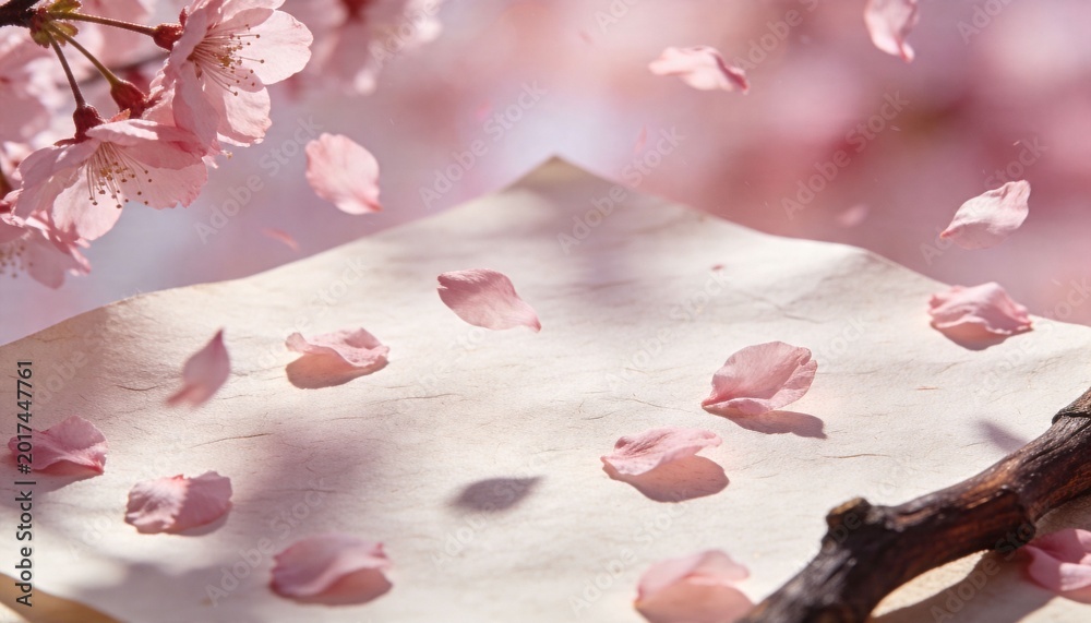 Fototapeta premium Drifting pink cherry blossom petals floating above textured cream paper in park, with twig