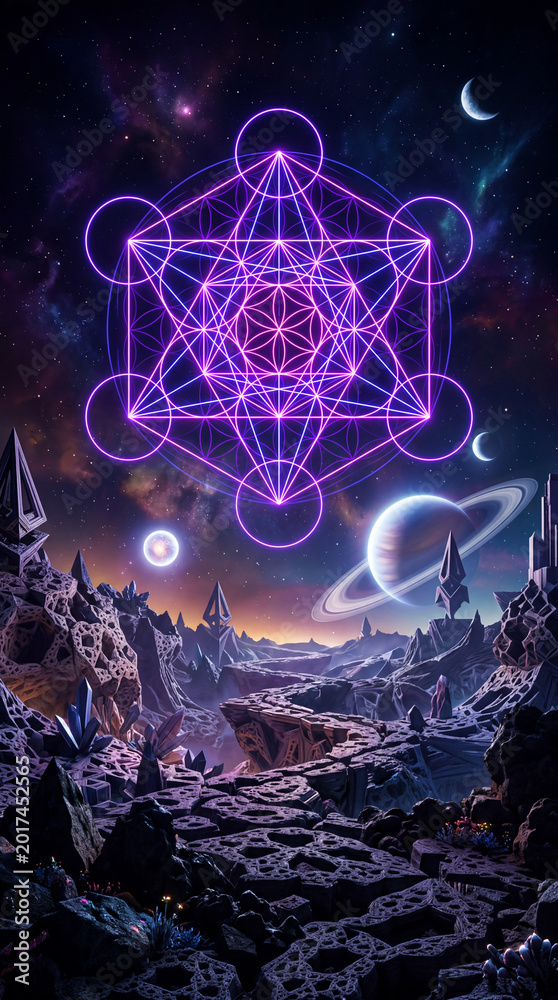 Obraz premium Sacred Geometry Above Alien Planet Landscape, Cosmic Abstract Background with Glowing Geometric Pattern and Neon Universe