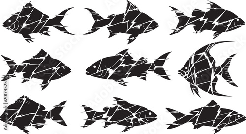 Black fish icons, cracked mosaic style, vector graphics, 10 fish shapes