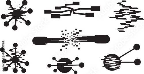 Black virus, bacteria, microbe icons, set of 7, vector graphics